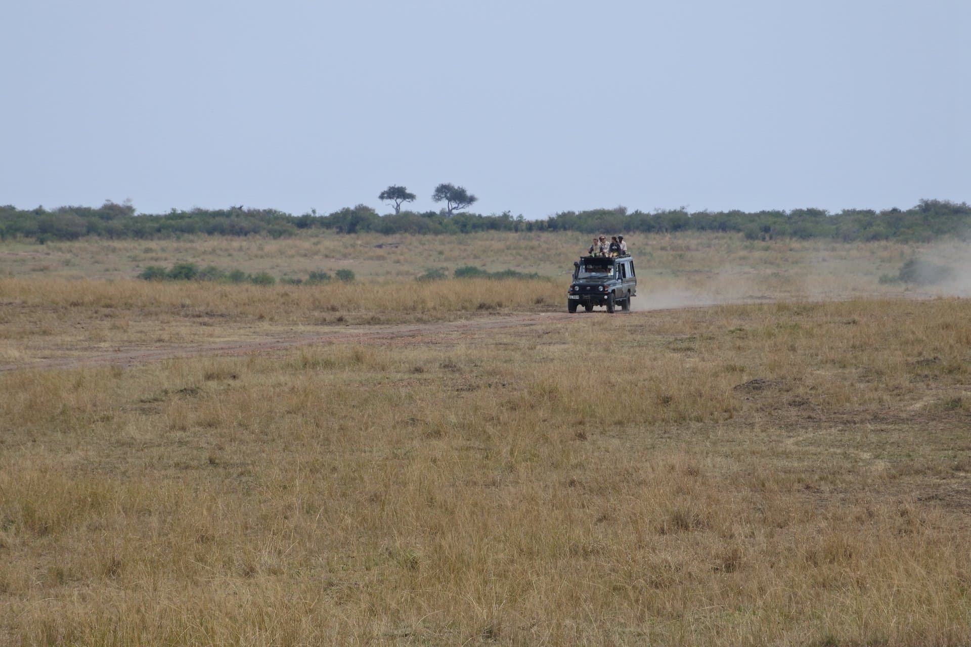 Safari game-viewer vehicle on a dirt track in Kenya — Maasai Mara game drives and vehicle hire