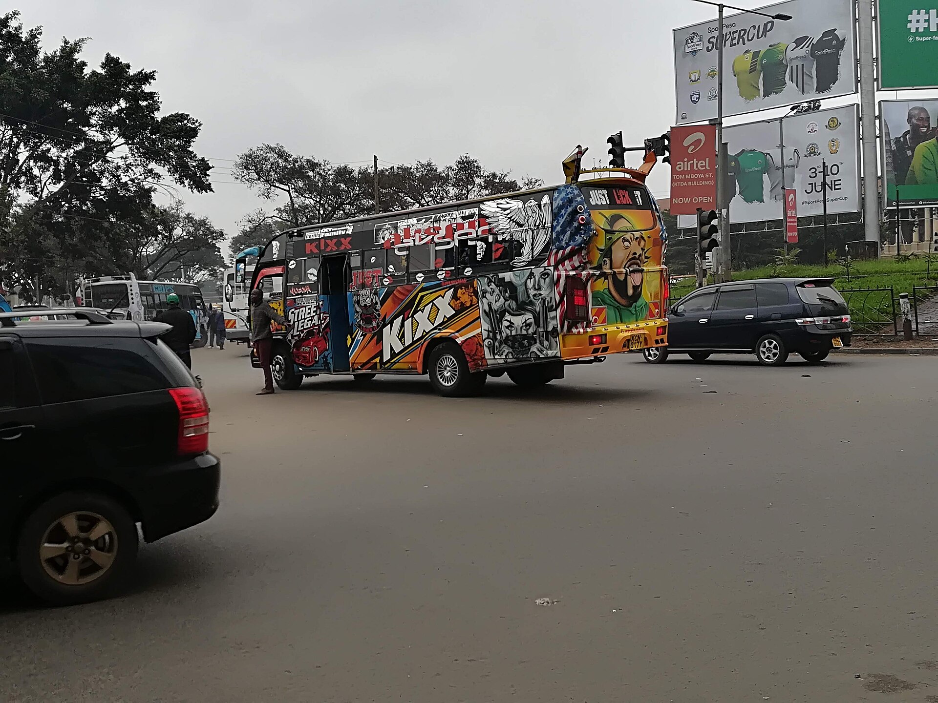 A matatu bus at a busy Nairobi intersection